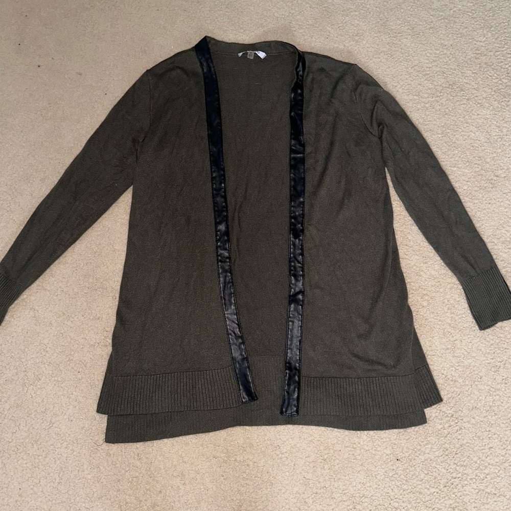 DKNYC olive green cardigan jacket with faux leather trim